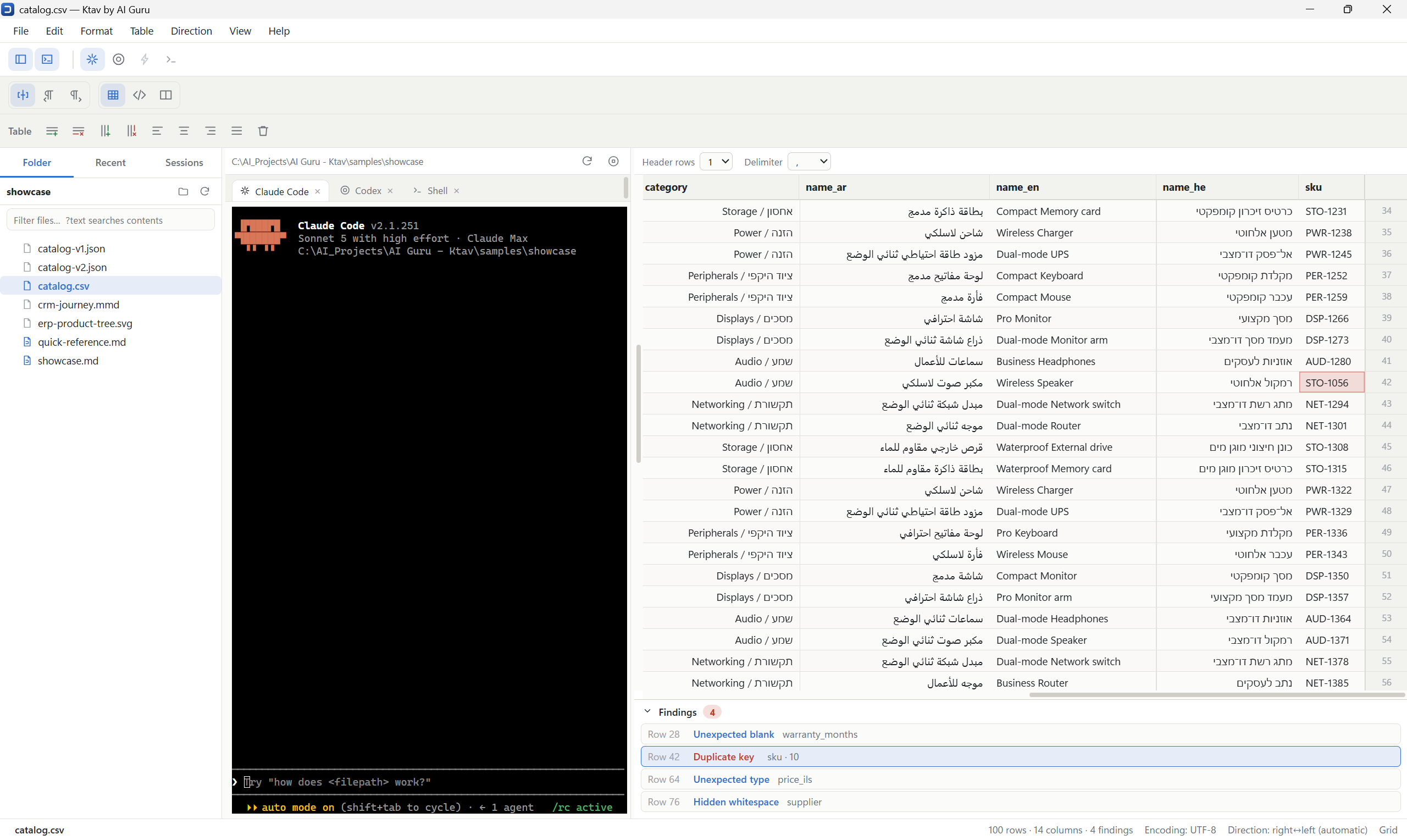 A CSV open in Ktav's grid with four findings listed below it