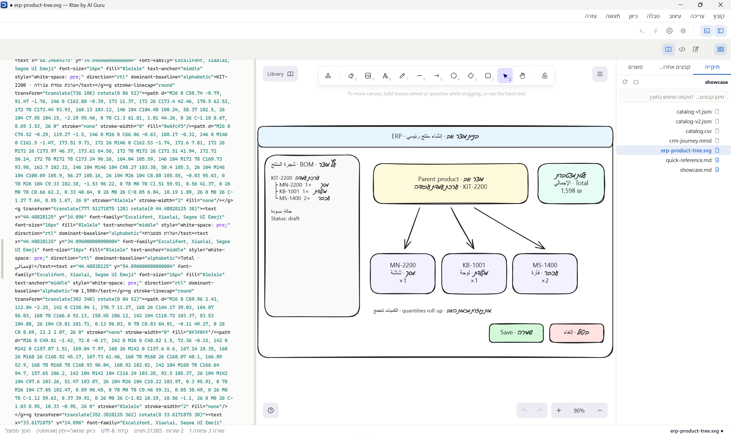 An ERP product tree drawn on the board, beside the SVG source it loaded from